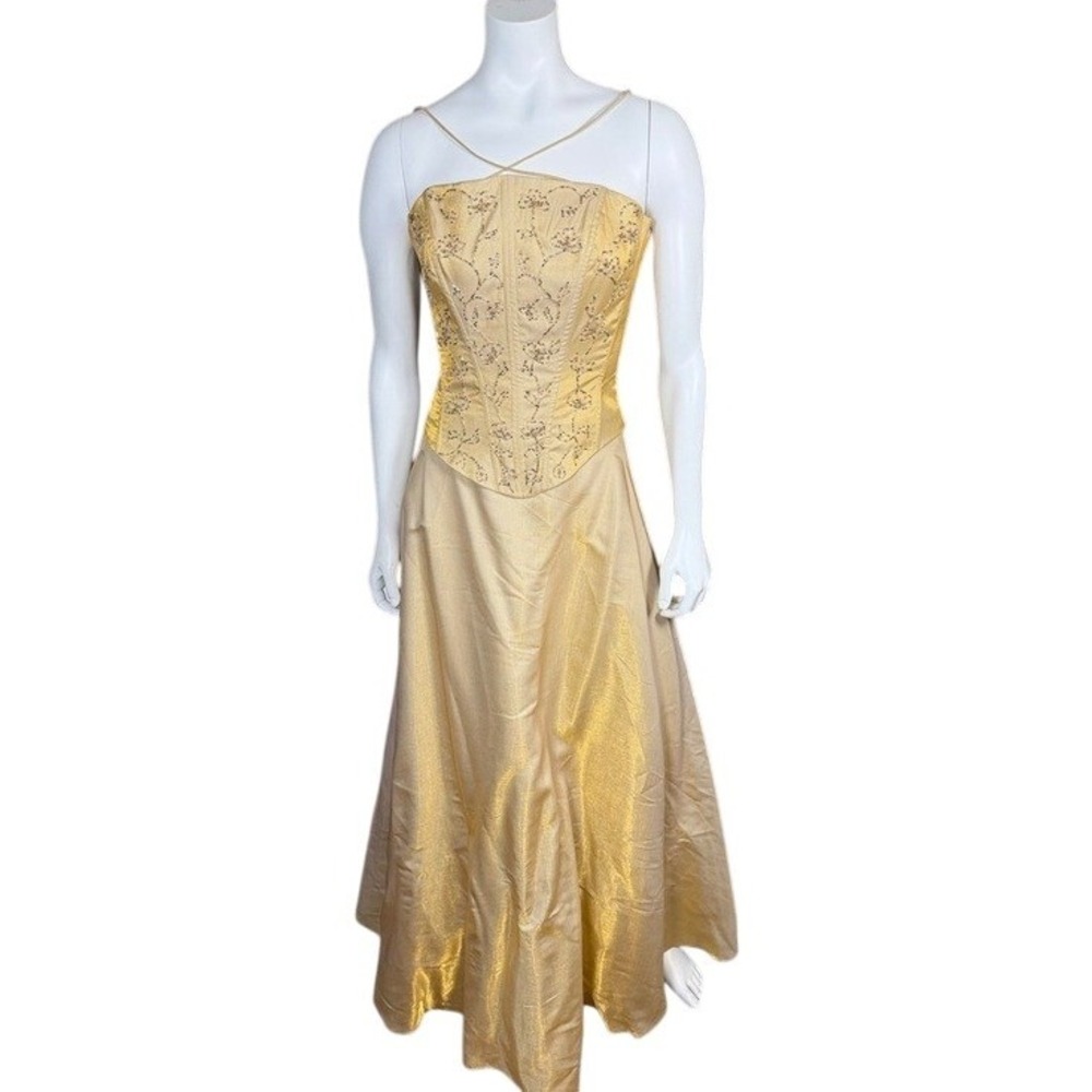 Nina Canacci Gold Metallic Hand Beaded Corset Formal Gown Dress Size 7‎